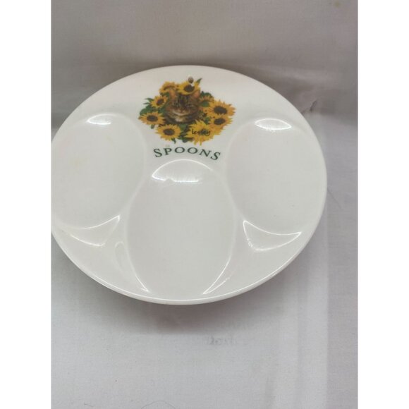 Ceramic 3 Slot  Spoon Rest with Sun Flowers & a Cat - Picture 2 of 4